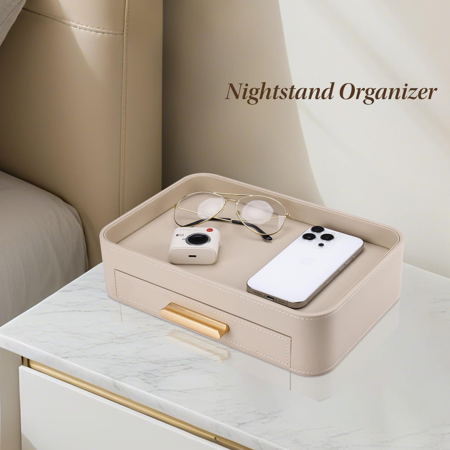 GORESE Valet Jewelry Tray Nightstand Organizer with Drawer, PU Leather Perfume Tray Trinket Trays for Vanity Bathroom Entryway, Catchall Trays for Key Purse Watch Cologne, Gift for Women Men, Beige