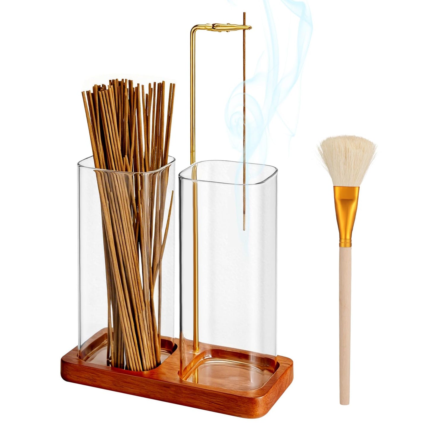 2-in-1 Incense Holder for Sticks with Dual Tall Glass Jars, Incense Burner with Glass Ash Catcher & Storage for Meditation Yoga Spa Room Home Decor