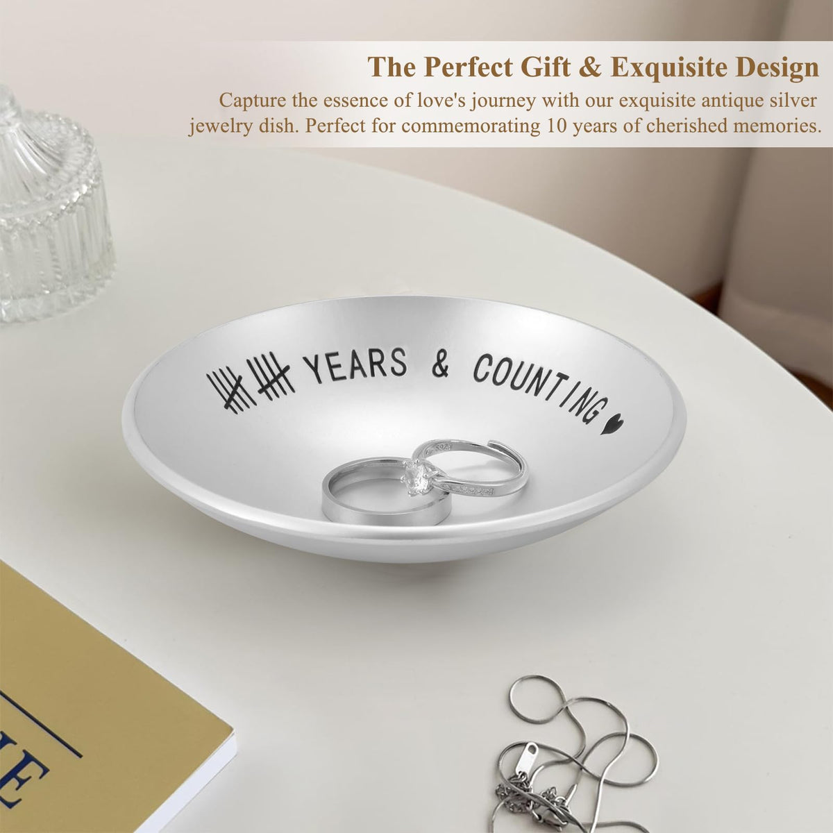Urllinz 10 Year Anniversary Tin Gifts for Him - 10th Wedding Anniversary Jewelry Tray for Wife Couple Husband Her, Sliver Ring Holder Dish & Card & Gift Box, 4"