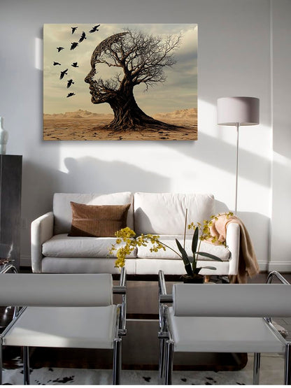Silhouette of Head from Tree and Birds Canvas Wall Art Framed Thought Provoking Painting Prints Posters Artwork for Modern Wall Decor Contemplative Landscape Art Motivational Gift 16x24 Inches