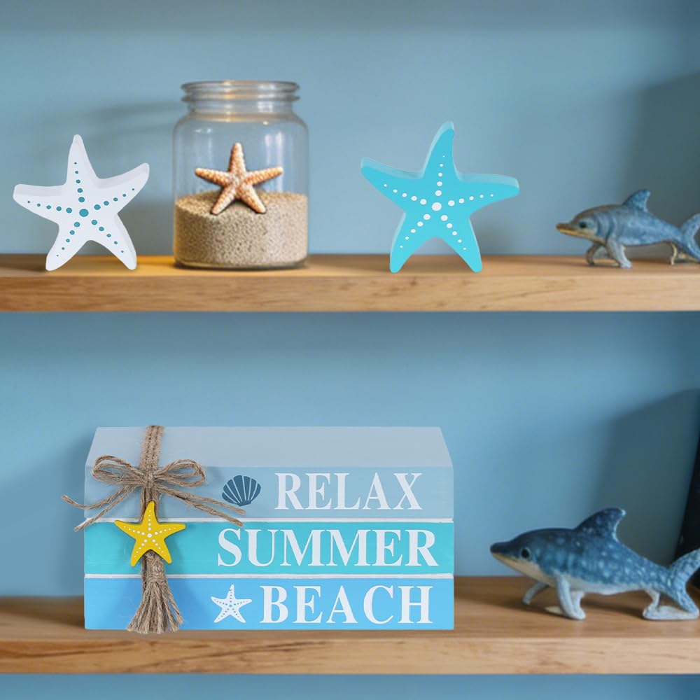 DECSPAS Beach Summer Table Decor, Starfish Wooden Stacked Books Sign for Ocean Tiered Tray Decorations, Coastal Nautical Shelf Table Centerpiece for Home, Room, Mantel, Tabletop, Farmhouse Gift