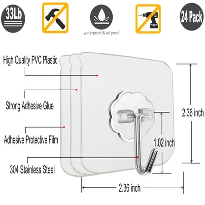 Jwxstore 24 Pack Self Adhesive Hooks Heavy Duty - 33lb Max, Transparent, Waterproof, Sticky Wall Hooks for Keys, Bathroom, Shower, Outdoor, Kitchen, Door, Home Improvement, Utility Hooks