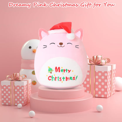 SQEQE Christmas Cat Stuffed Animal Pink Cat Plush Wearing Red Hat Kawaii Plushie Toys Soft Home Plushie Decoration Gifts for Boys Girls (Caticorn, 10 Inch)