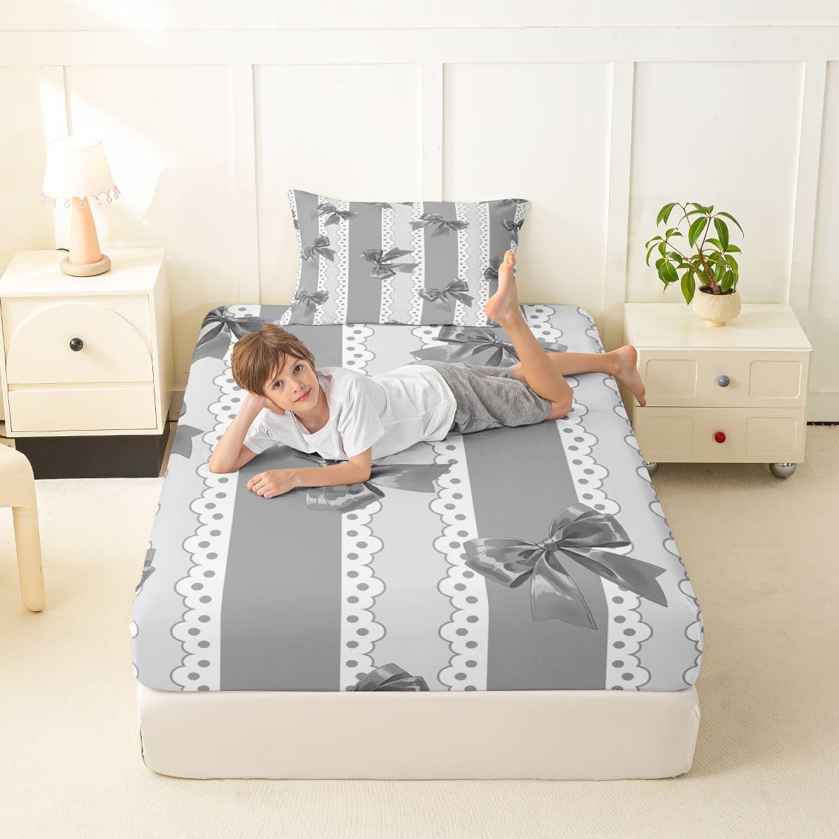 jejeloiu Black Bow Stripe Bowknot Fitted Sheet Twin Size for Kids Boys Girls Ribbon Cute Kawaii Bed Sheets Set 16" Deep Pocket Dreamy Princess Bowknot Bedding with 1 Pillowcase Room Decor