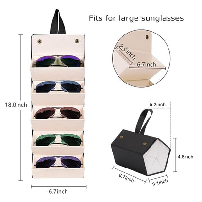 MEGREZ 5 Slots Sunglasses Organizer Box, PU Leather Foldable Woman Eyeglass Case Eyeglass Organizer Storage, Multiple Sunglass Holder for Travel, Black
