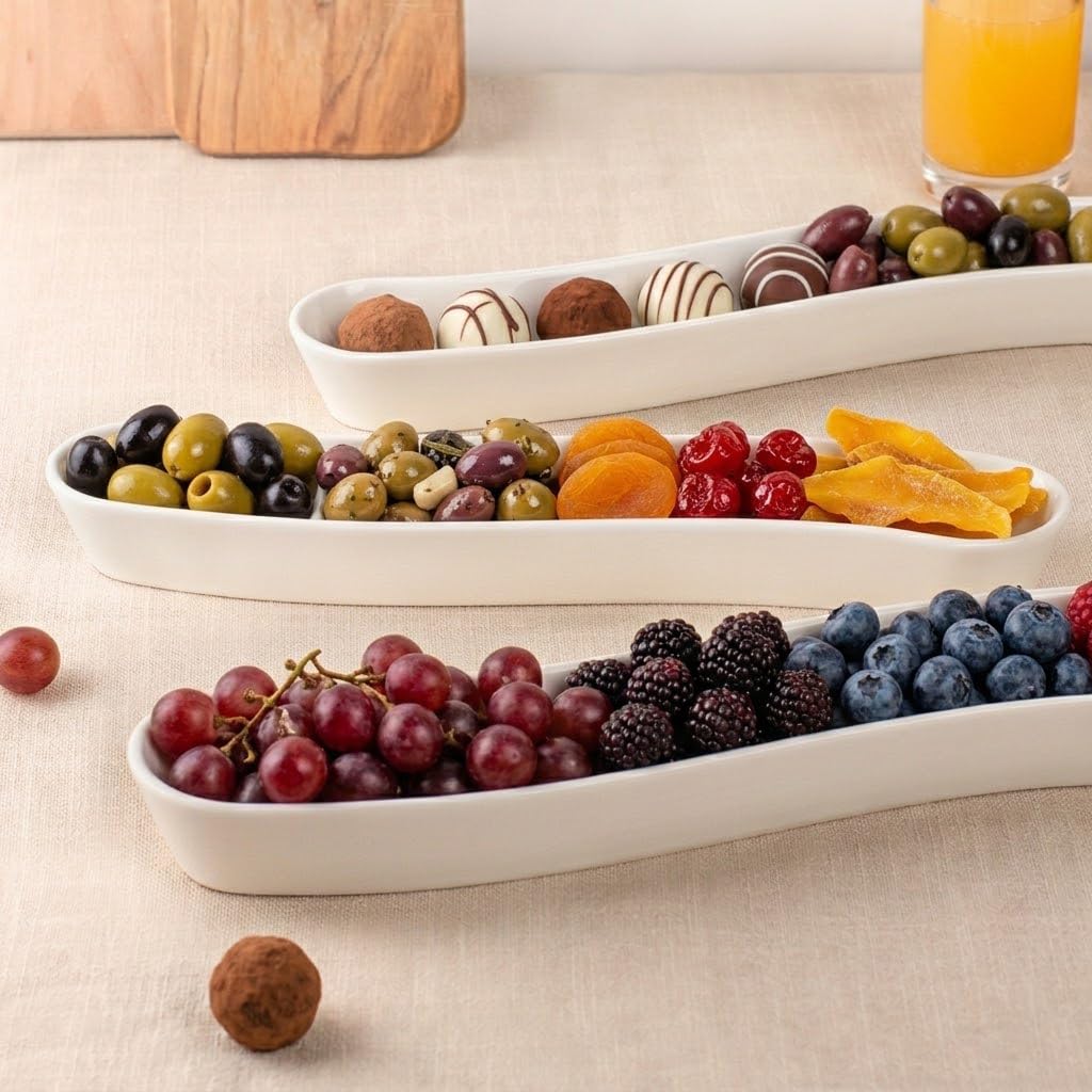 Dizada Olive Plates 3-Pack 12" - White Porcelain Long Arc Boat Trays, Ceramic Appetizer Platter for Charcuterie, Snacks, Entertaining, Dishwasher Microwave Oven Safe