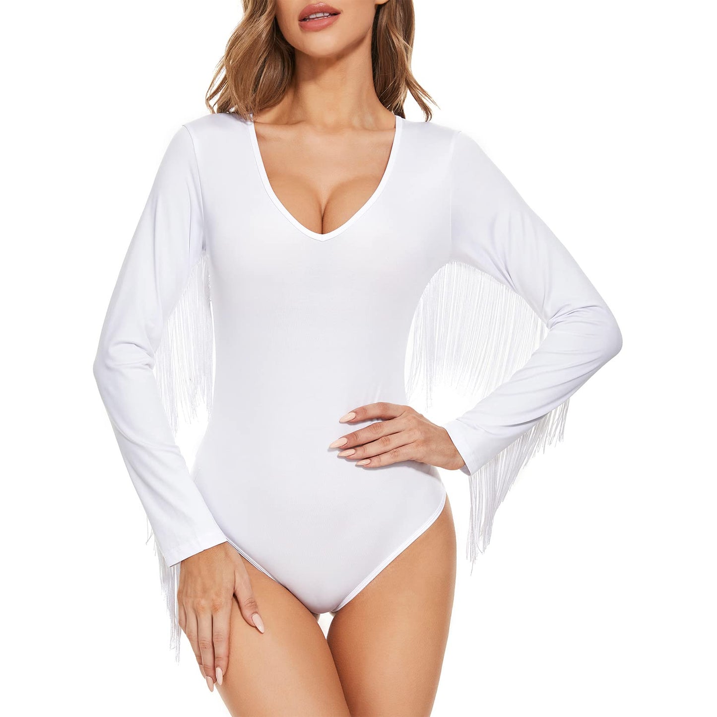 Komorebi Women's Fringe Trim V Neck Long Sleeve Bodysuit Top Cowgirl Outfits Disco Outfit Bodycon Leotard Fitted Stretchy Top White Small