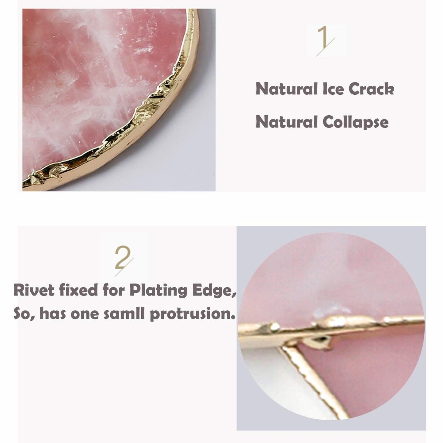 Yougoals Rose Quartz Coaster Single with Stand (4 PCS),Pink Round Agate Coaster for Drinks,Natural Rose Crystal Stone with Golden Edge, Gemstone Geode Decor Gifts