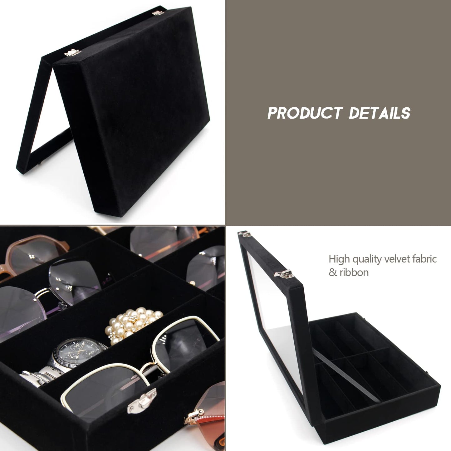 KLOUD City Luxury Sunglasses Organizer - 8 Slot Velvet Jewelry Storage Case with Clear Glass Lid | Dustproof, Scratch-Resistant Display for Glasses & Watches | Elegant Gift Box (14"x9.5")