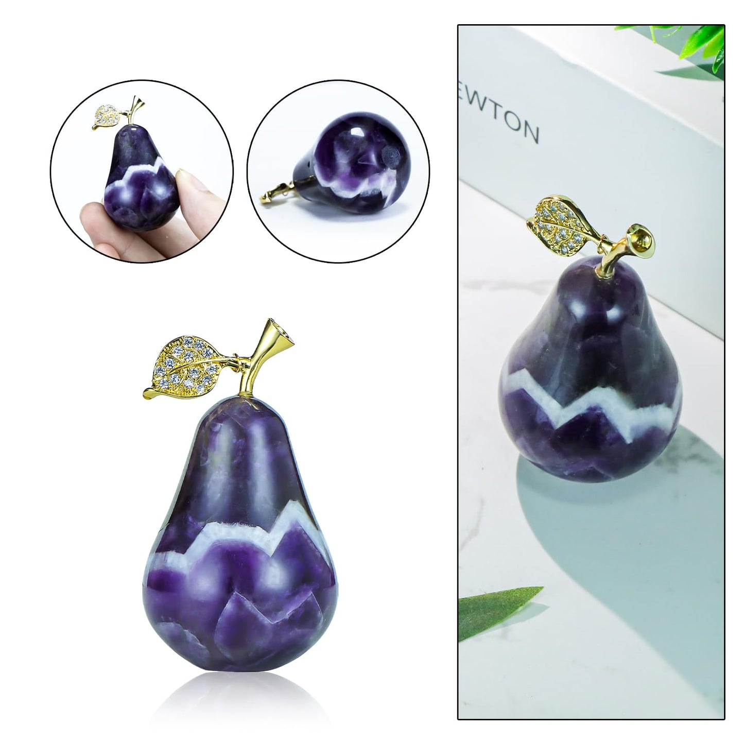 LEADGEM Amethyst Crystal Pear Statue Home Ornament Decor Quartz Fruit Pears Sculpture Collectible Figurines Paperweight for Home Kitchen Tabletop Centerpiece