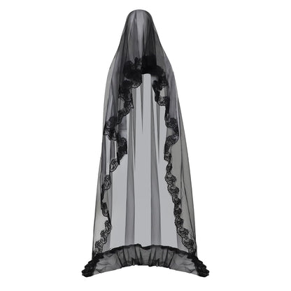 TINAYAUE 1 Tier Black Lace Veil Bridal Wedding Dress Veil Classic Sheer Bride Long Shawl Tulle Halloween Witch Cos Headdress