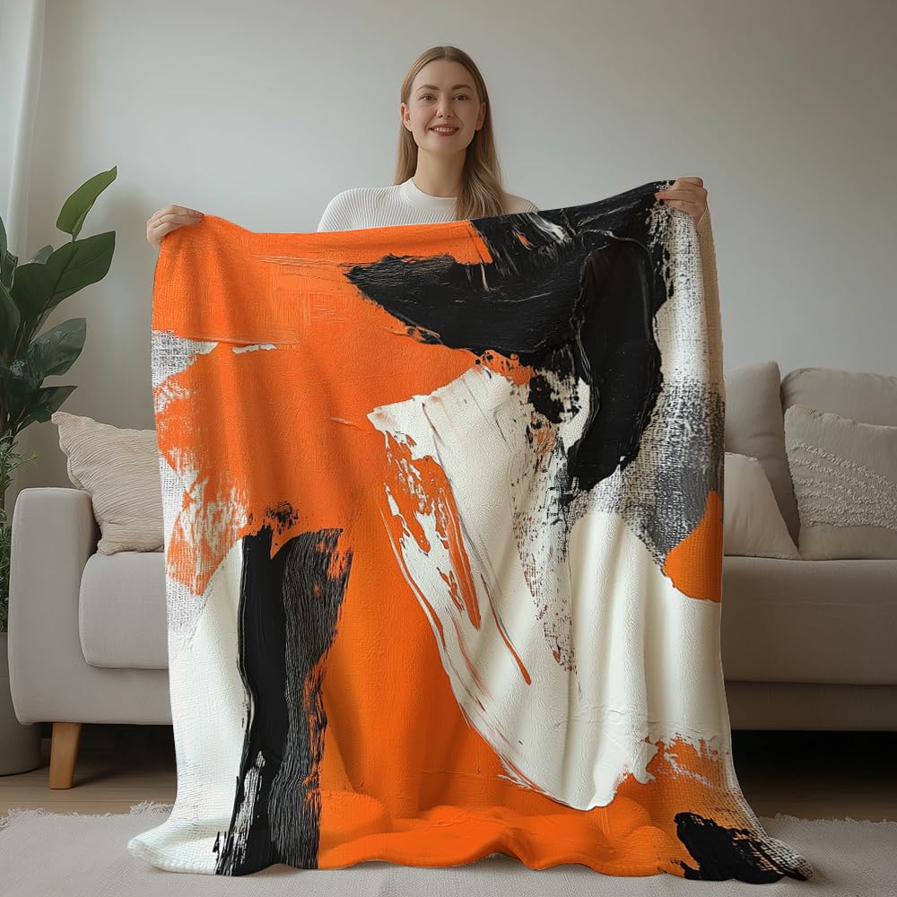 HUNXIAOJ Abstract Throw Blanket Orange and Black Flannel Blanket Abstract Orange Bedding Warm Soft Flannel for Bed Sofa Couch (59in x 70in)