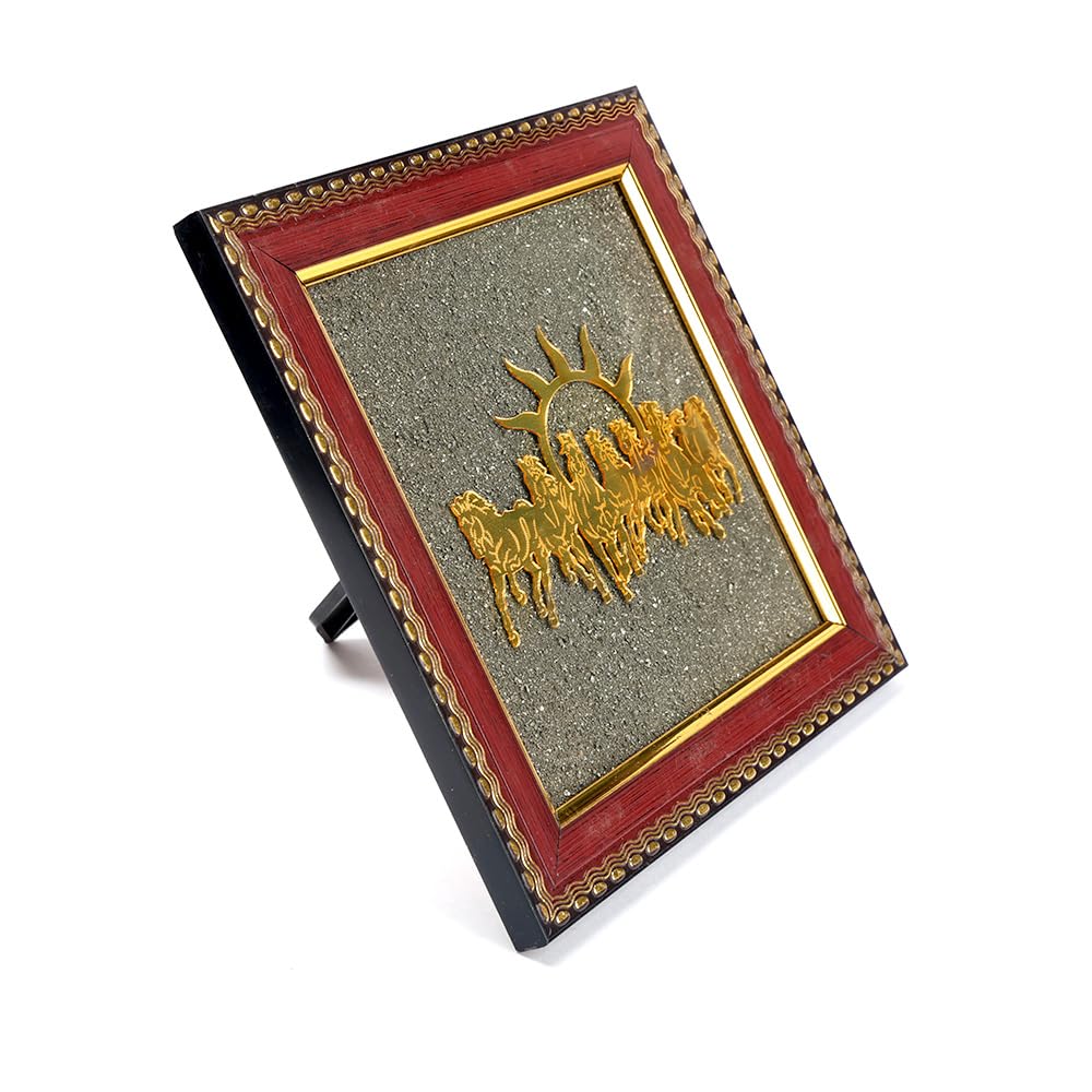 SATVIK 7 Horses on Raw Pyrite Frame – Natural Raw Pyrite Crystal Decorative Frame with Wooden Base – Seven Running Horses Motif for Home & Office Décor