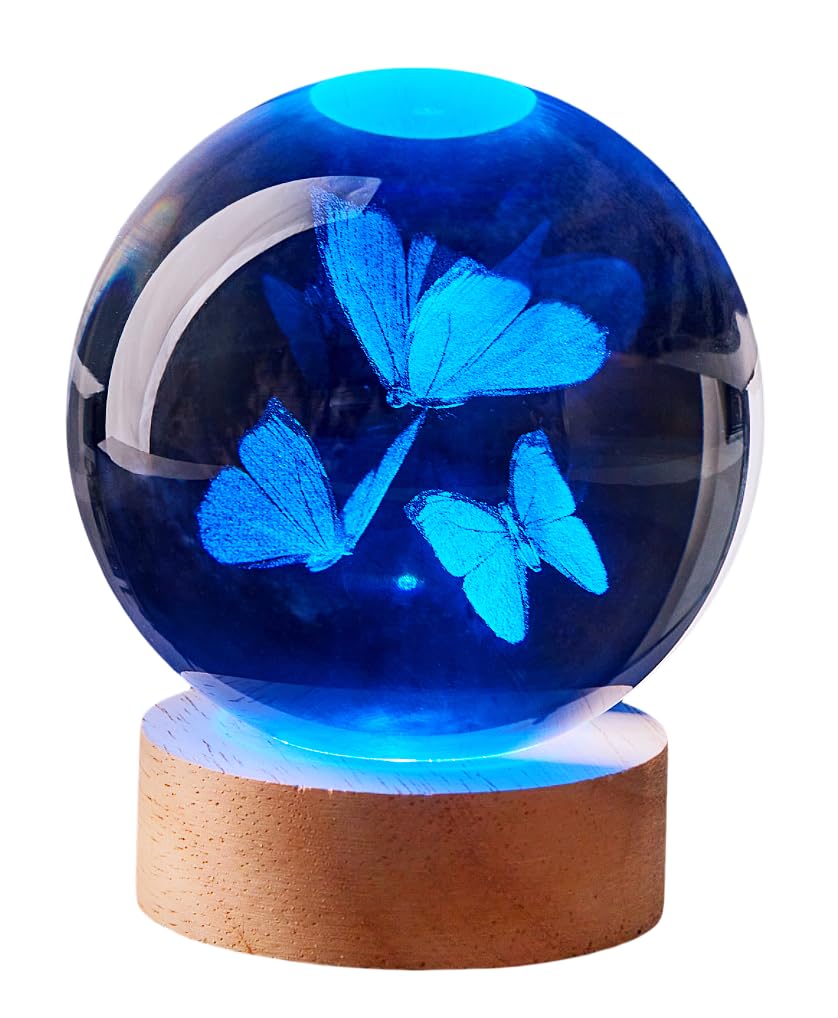 DIGFPWT Butterfly Crystal Ball Night Light, 3.15 Inch 3D Butterflies Crystal Lamp with LED Wooden Base, 16 Colors Change with Remote Control, Gift Box Packing, Gifts Ideas for Friends (Butterfly)
