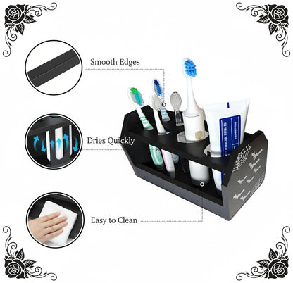 Halloween Gothic Bathroom Decor - Spooky Goth Coffin Toothbrush Holder Sides Wide Open Quick Dry, Roomy Space, Horror Bats Skull Design - 5.5" L x 4" W x 6" H