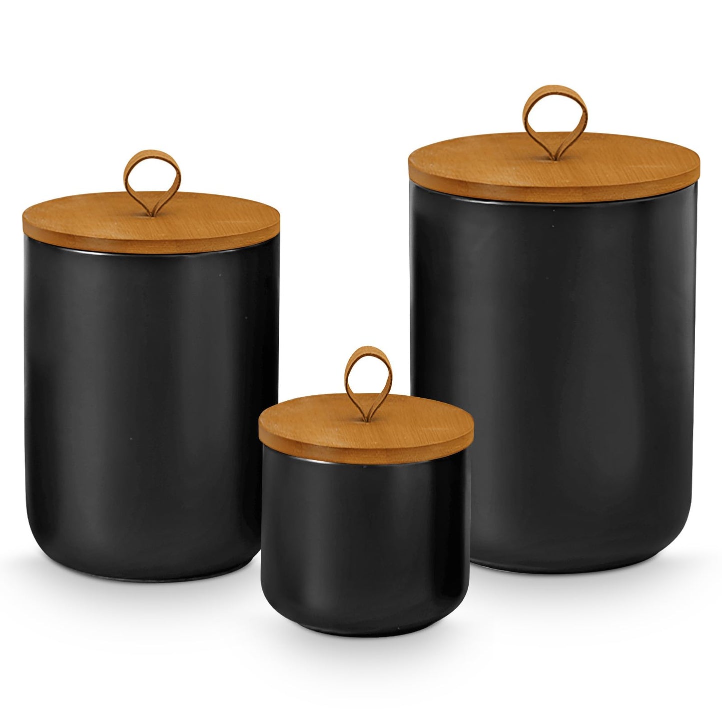 GENDLTHIJ Canister Sets for Kitchen,Ceramic Kitchen Canisters for Countertop with Airtight Wood Lids for Serving Ground Coffee, Tea, Spice, Grains, Sugar, Salt (Black Pack of 3 (8.7/27/44 Oz))