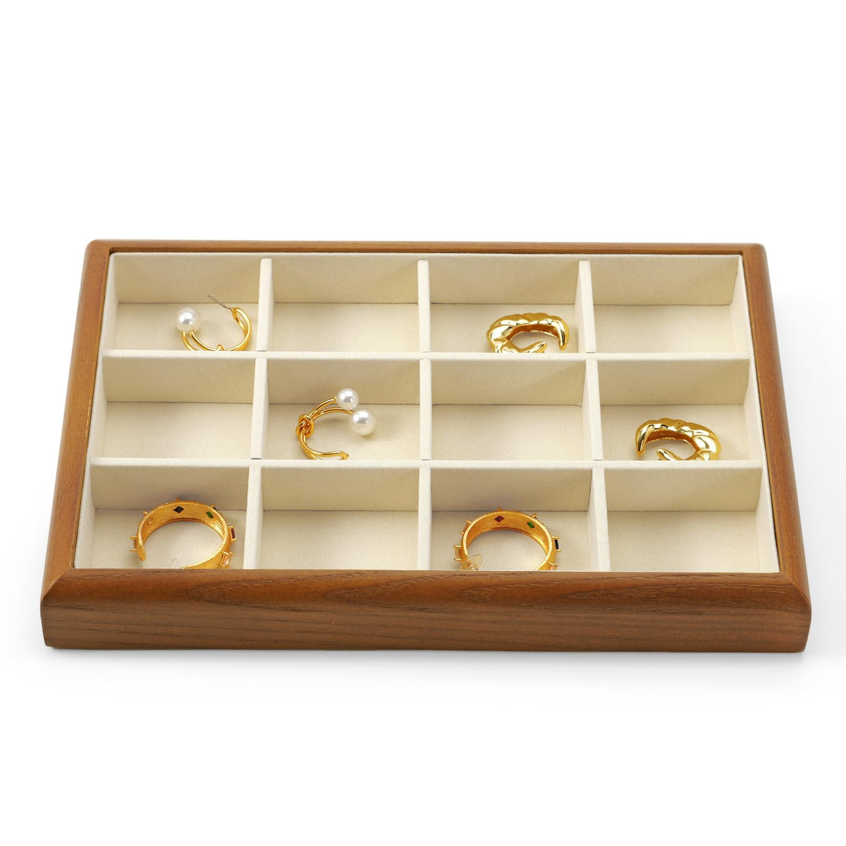 Oirlv Solid Wood 12 Grid Jewelry Organizer Tray Jewelry Drawer Organizer for Rings Earrings Storage Display(Creamy-white)