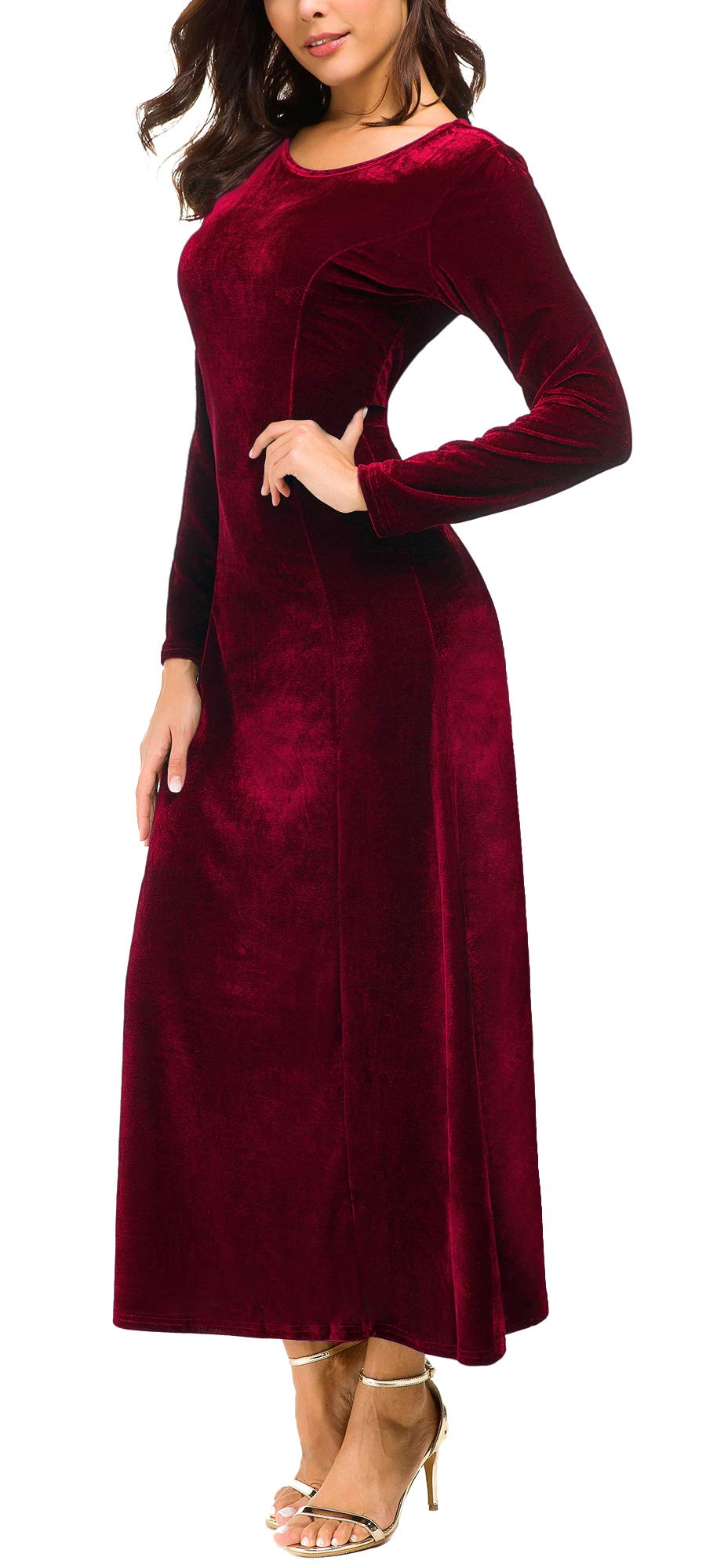 Urban CoCo Women's Elegant Long Sleeve Ruched Velvet Stretchy Long Dress (2XL, Wine red)