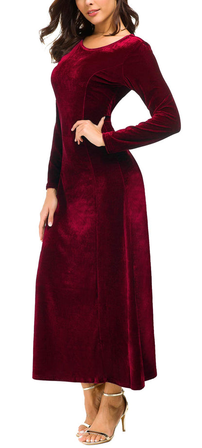 Urban CoCo Women's Elegant Long Sleeve Ruched Velvet Stretchy Long Dress (2XL, Wine red)