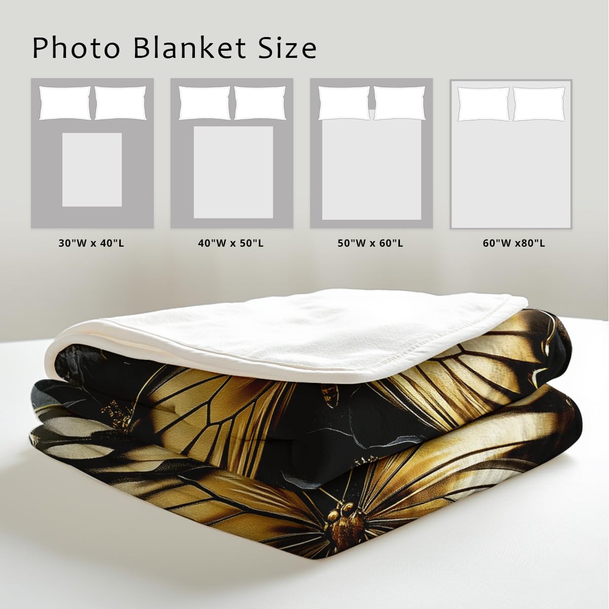 HUNXIAOJ Printed Bed Blanket Black Gold Butterfly Throws Soft Flannel Blanket Butterfly Love Gifts Butterflies Decor for Couch Bed (59"x78")