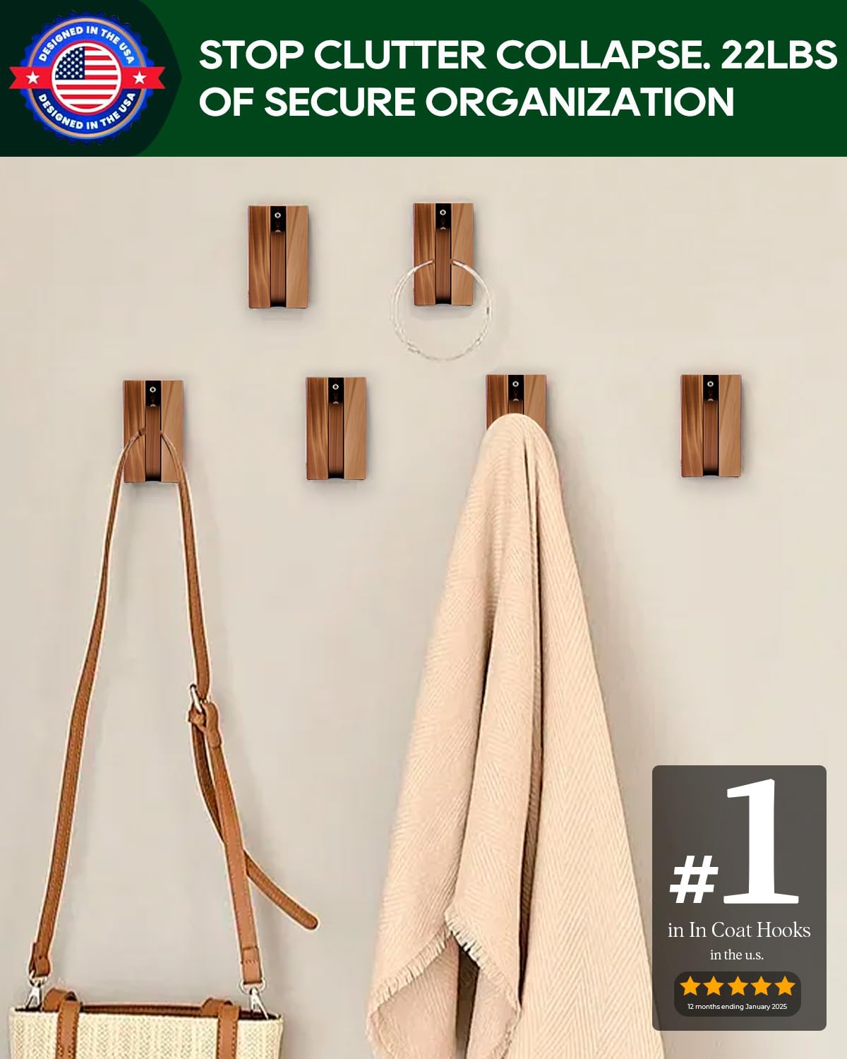 NHWNHW Wooden Hooks for Wall, Folding Wall Hooks, Decorative Coat Hooks Wall Mount for Coats, Hats, Bags, Towels, Saving Rustic Design for Functional Aesthetic Home (4)