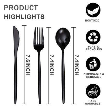 Rubtlamp 90Pcs Plastic Black Silverware, Black Disposable Cutlery, Plastic Utensils Heay Duty include 30 Plastic Knives 60 Plastic Black Forks and Spoons, Black Cutlery For Halloween Decorations