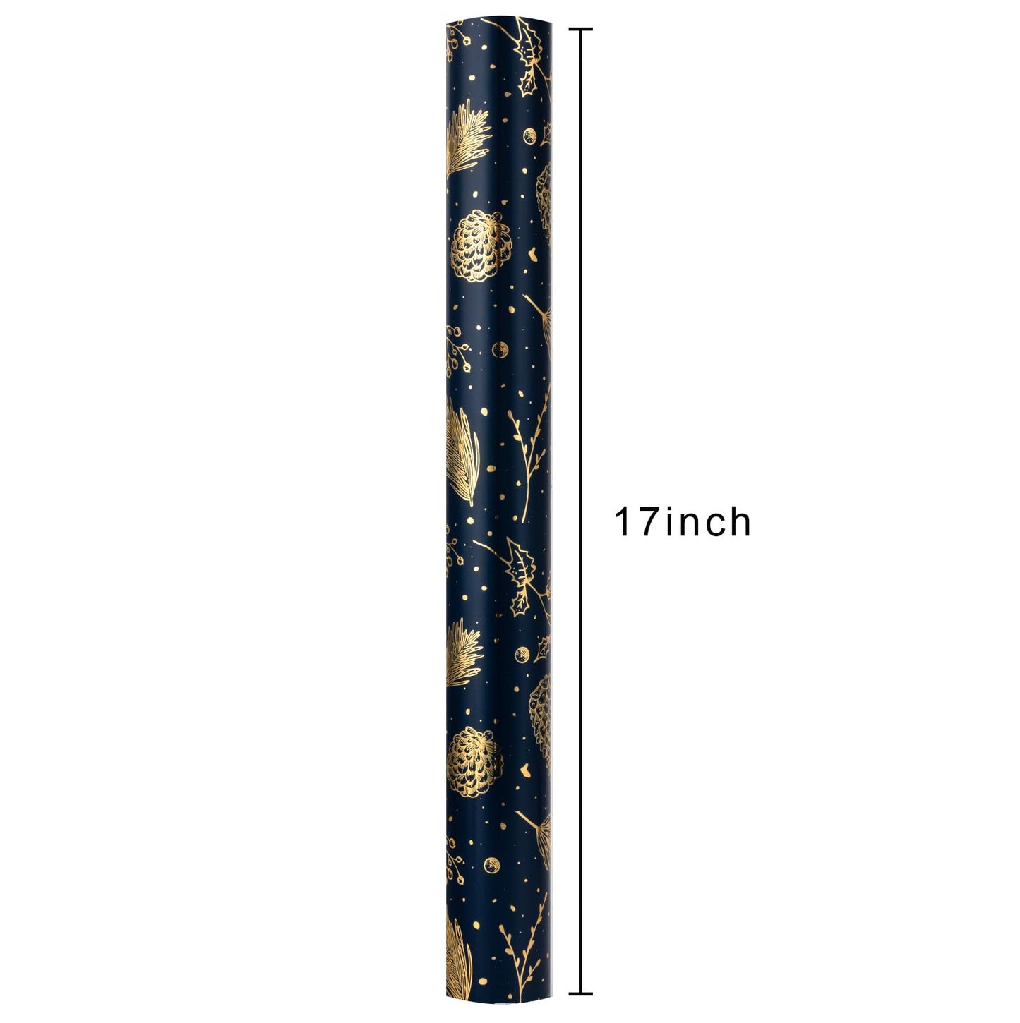 Homeral Christmas Wrapping Paper Roll-46.8 sq.ft. (17in x 33ft) Metallic Shine Navy Blue with Gold Pine Cone, Pine Twig for Christmas, New Year Celebration, Party, Holiday