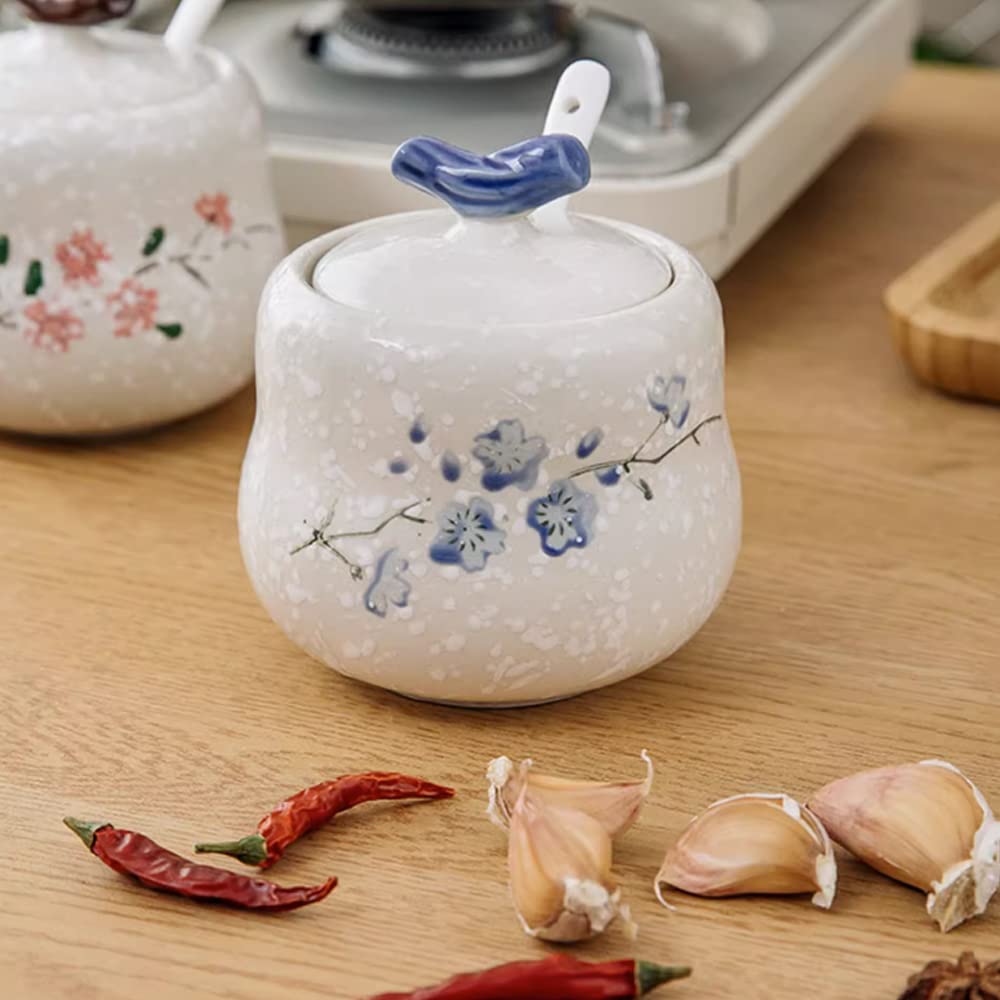 YMYL Ceramic Sugar Bowl with Lid and Spoon, 13.5oz Elegant Blue Floral Pattern Sugar Jar Sugar Container Sugar Dispenser Coffee Bar Accessories, Modern Kitchen Decor