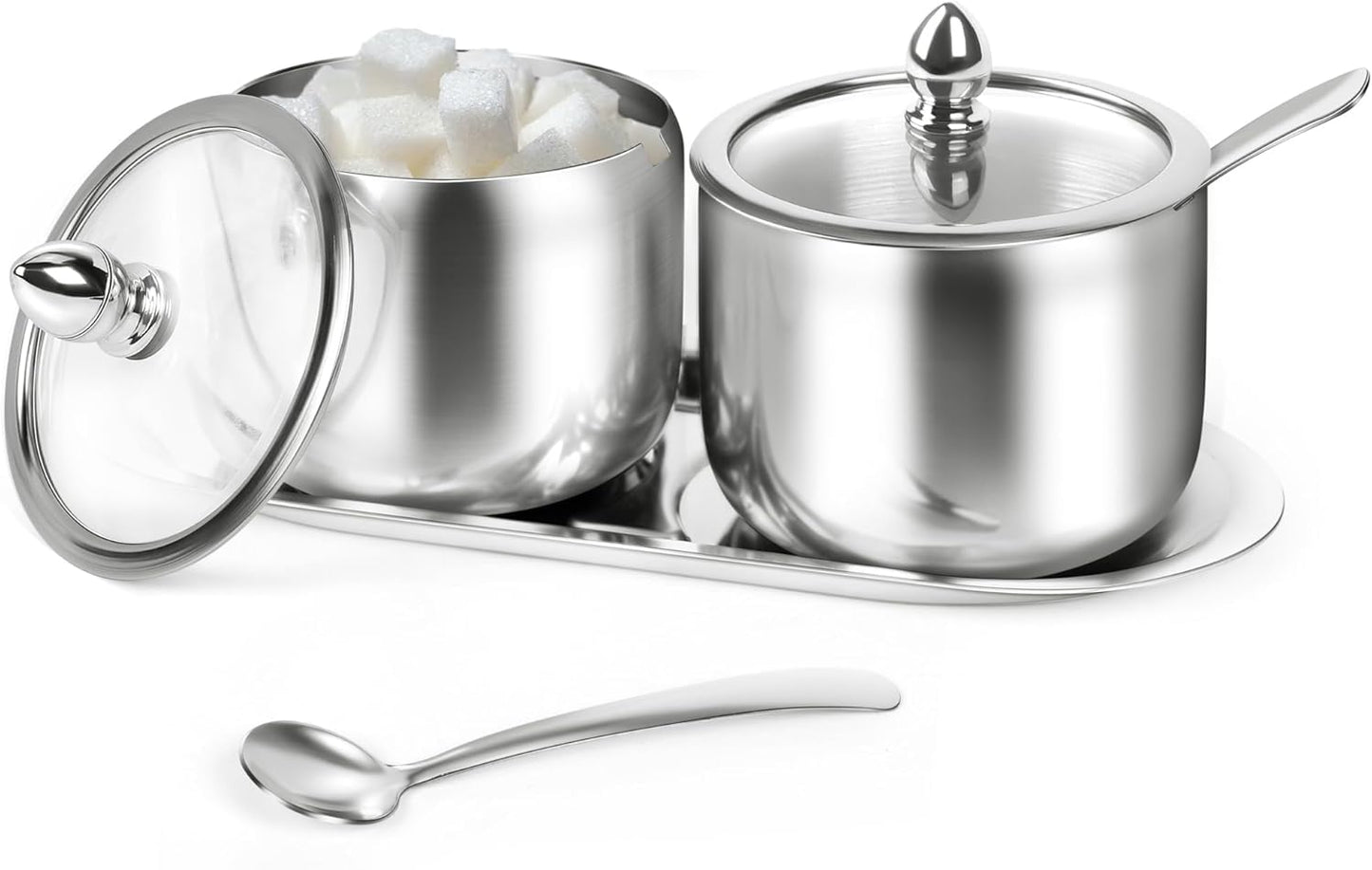 holoith 2 Pack Coffee and Sugar Dispenser with Tray - 10 oz Sugar Bowl with Glass Lid and Spoon for Coffee Bar Accessories Kitchen Storage for Salt,Coffees Bean,Brown Sugar Cubes (Silver)