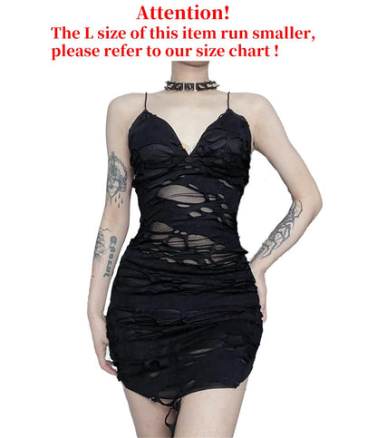 Punk Tight Dress Sheer Ripped Gothic Sexy Spaghetti Strap Dress Black Goth Distressed Alt Emo Pencil Mini Dresses,Medium