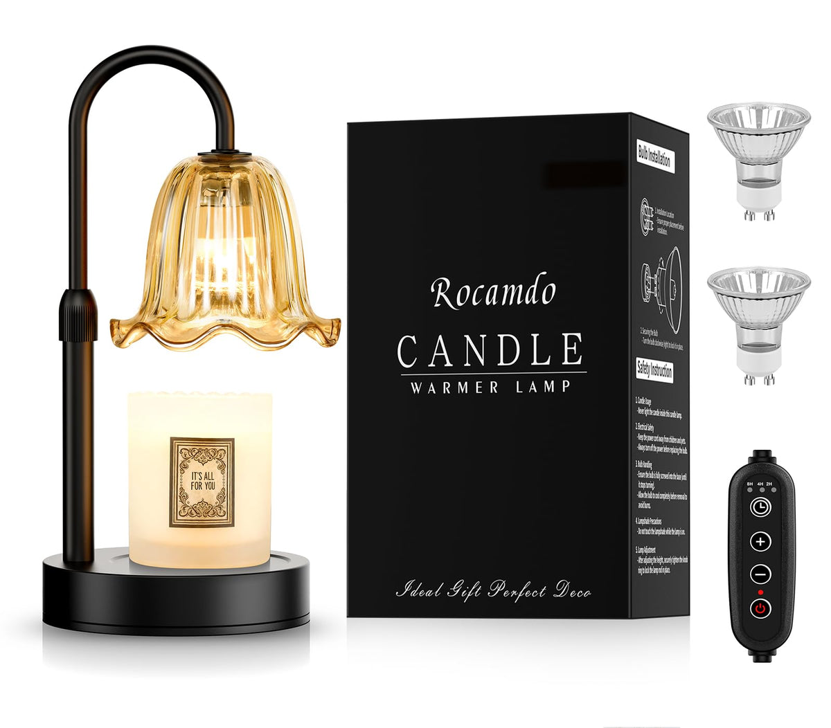 Candle Warmer Lamp with Timer, Birthday for Women Mom, House Warming Gifts Modern Farmhouse Home Decor, Dimmable Wax Melt Warmer for Jar Candles with 2 Bulbs (Amber)