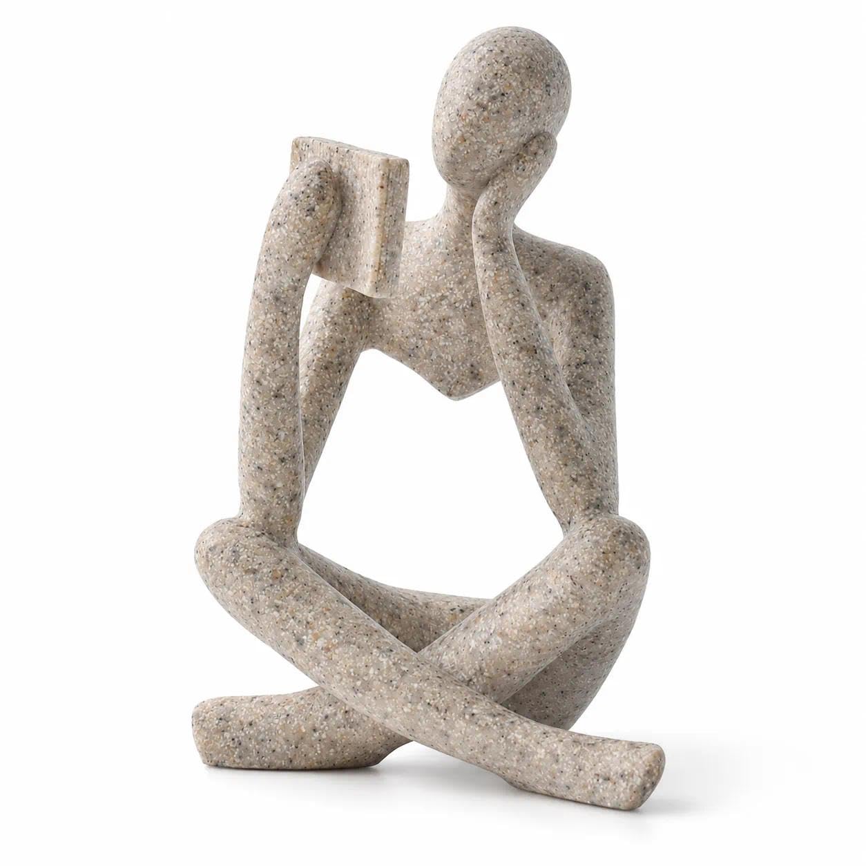 LINZHEN Bookshelf Decor Thinker Statue, Sand Abstract Reading Figurine Style B, Resin Decorative Bookend for Coffee Table, Shelf, Home Office, Library, Gift for Book Lovers