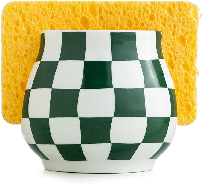 Kitchen Sponge Holder, Ceramic Sponge Organizer Checkered Scrubby Holder Sink