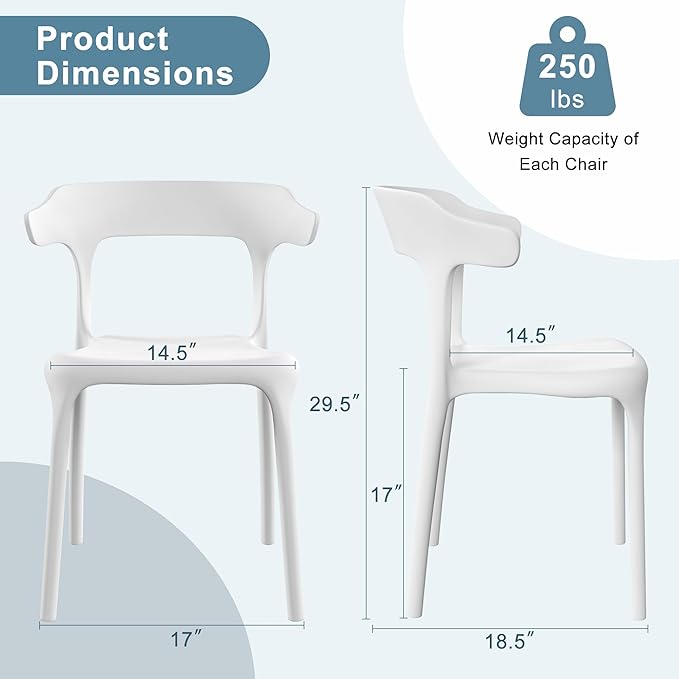 VECELO 4 Pack Plastic Stacking Chairs, Stackable Dining Chairs for Kitchen Restaurant Patio, Portable Indoor Outdoor Use, No Assembly Required, White