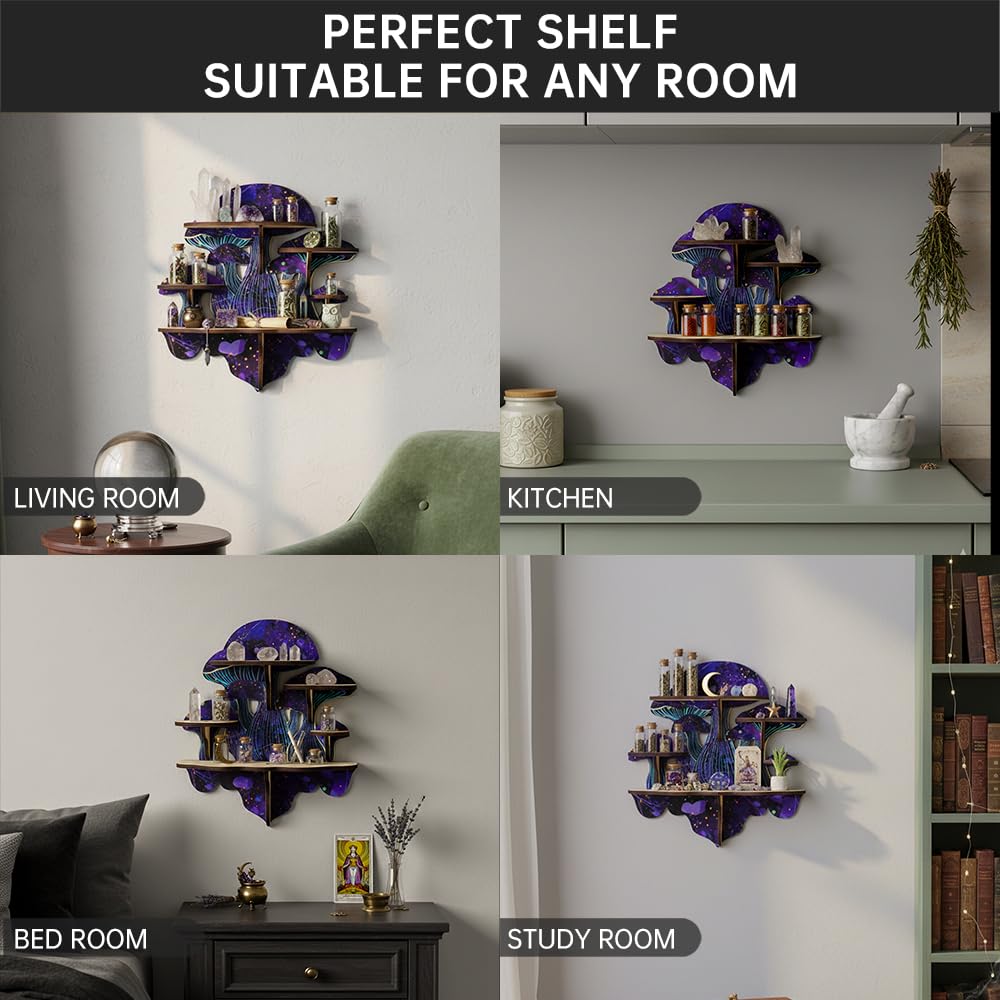 FNYDOX Crystal Display Shelf for Witchy Mushroom Decor, Gothic Altar Shelf for Crystals, Rocks, Gemstones & Essential Oils, 5 Compartment Wall Shelf & Spiritual Gifts