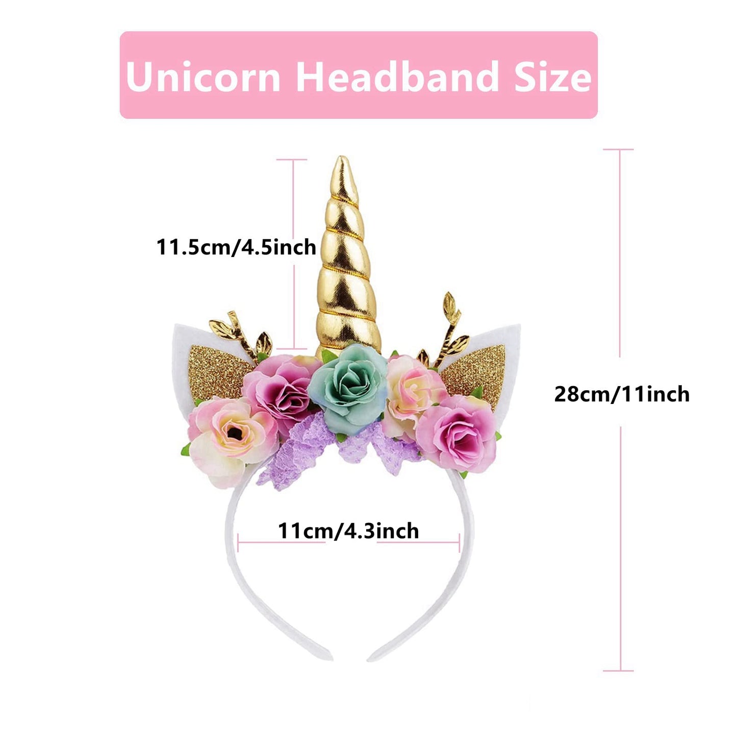 Nishine Unicorn Horn Floral Headband Glitter Ears Pony Head Bands Tiara for Girls Party Birthday Cosplay (Gold&Mint)