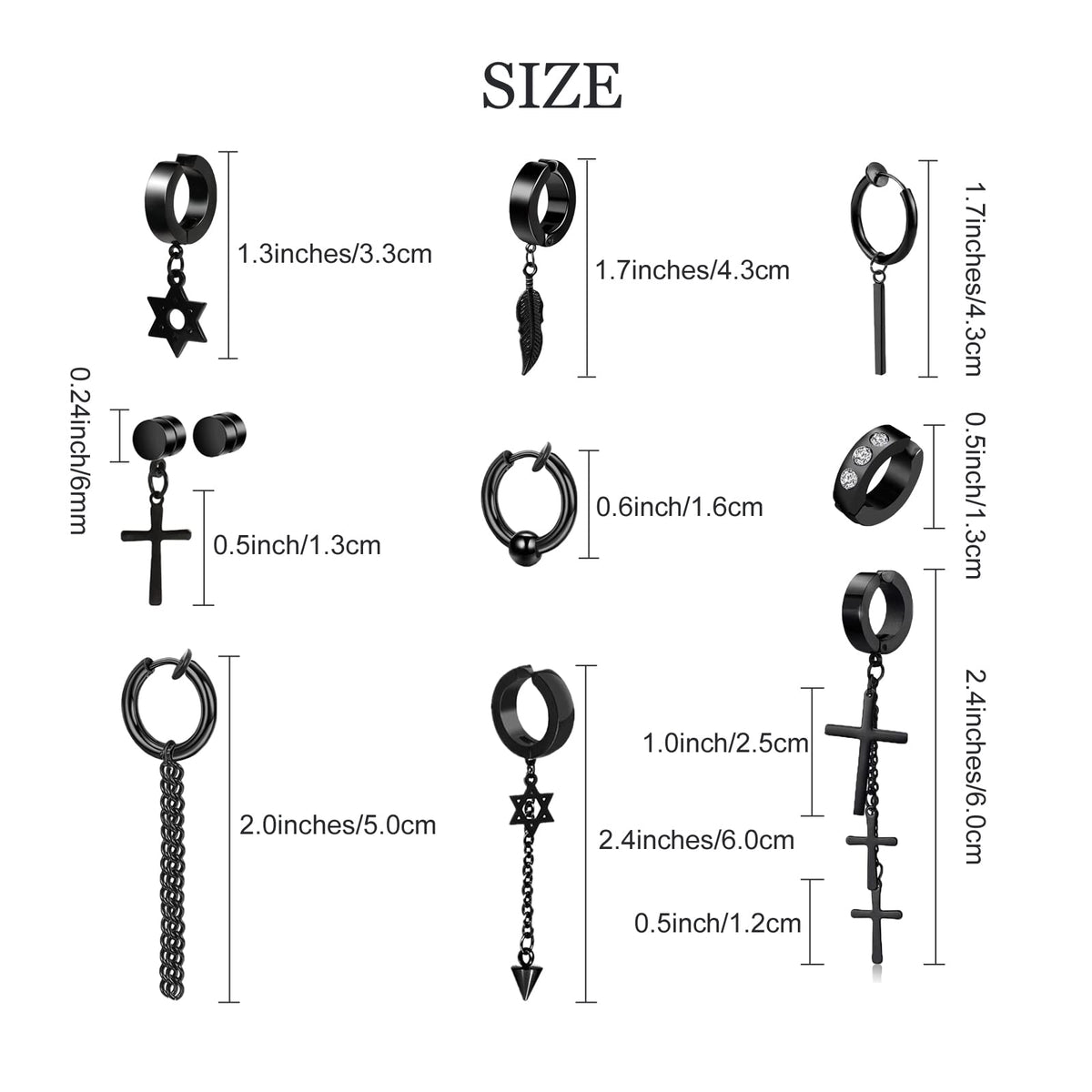 14 Pcs Black Goth Stainless Steel Non Pierced Fake Piercing Cross Feather Spike Awl Star of David Dangle Tassel Clip on Hoop Earrings Set Jewelry for Unisex