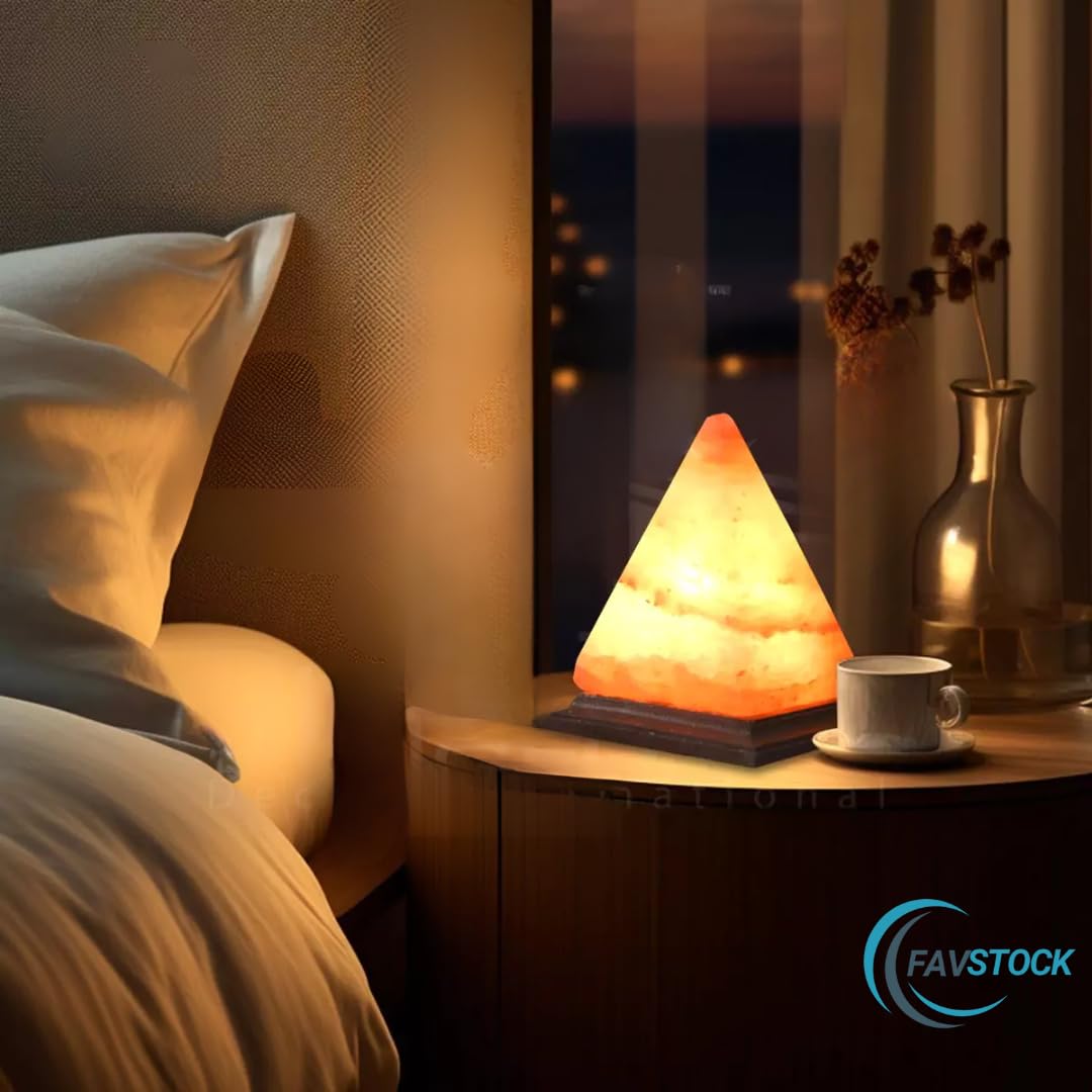 FAVSTOCK Himalayan Salt Lamp, Natural Pyramid Salt Rock Lamp with Handcrafted Wooden Base & Night Light, Soothing Amber Glow, for Home, Office, Yoga Decor, 6 x 4.5 Inches