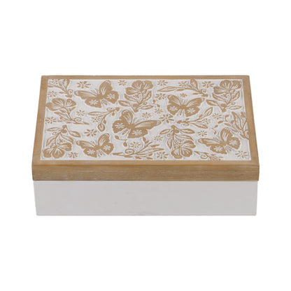 Synovana Wooden Keepsake Box - Decorative Wood Boxes with Hinged Lid, Butterfly Engraved Design, 10.24" W