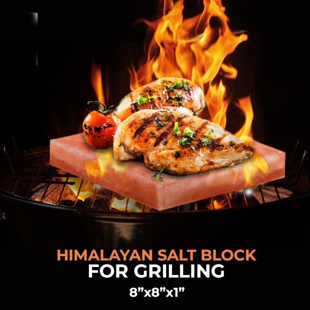 ZK Himalayan Salt Cooking Block 8"x8"x1” Plate with Steel Tray Holder- Food Grade Rock Salt for Grilling, Cutting, and Serving, Salt Slab a Unique Gift for Men, Women, Chefs & Cooks