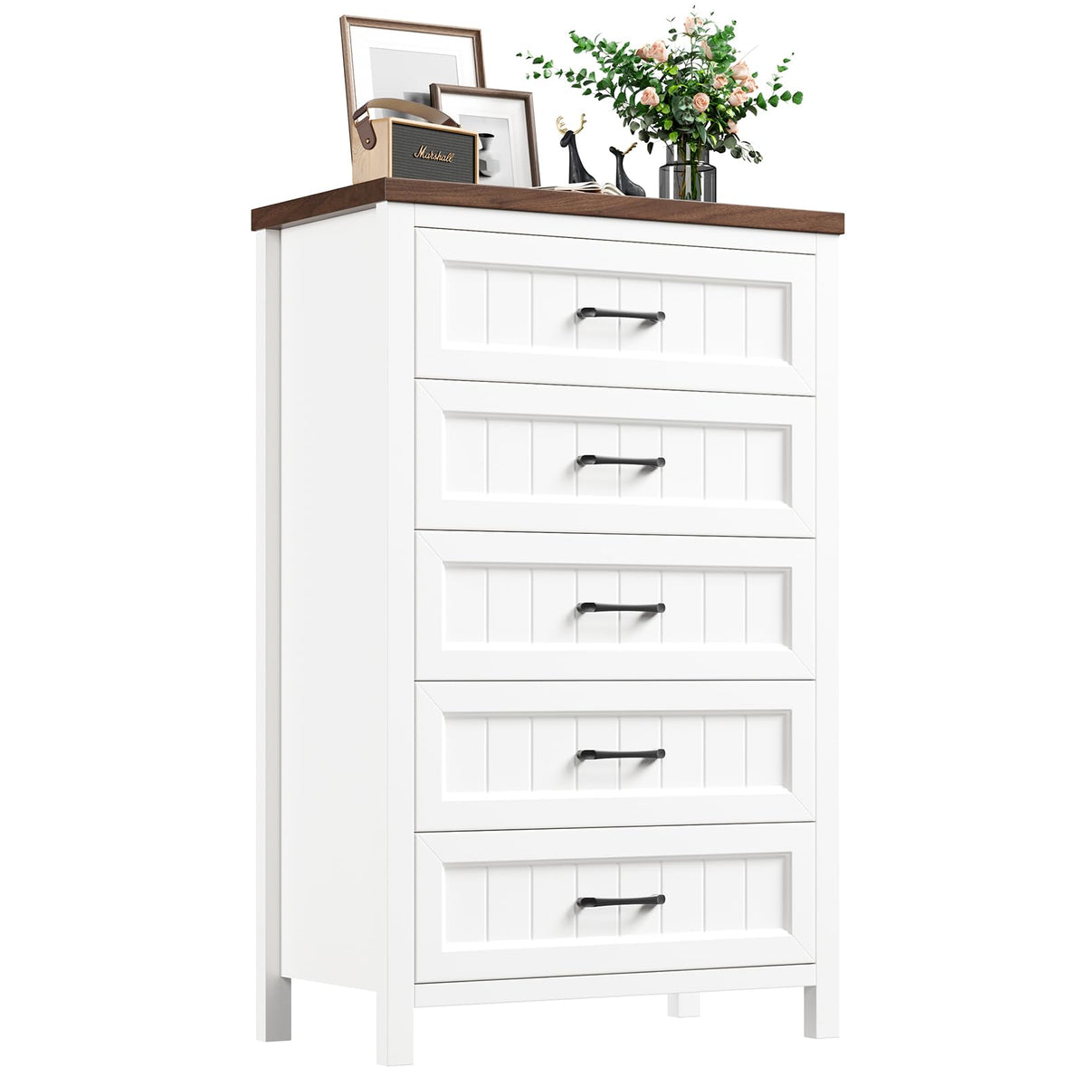 Jocoevol 5 Drawer Dresser for Bedroom - Farmhouse 44.9" Tall Chest of Dresser with Large Storage, Rubst Wood Construction for Living Room, Hallway & Entryway - White (White & Brown)