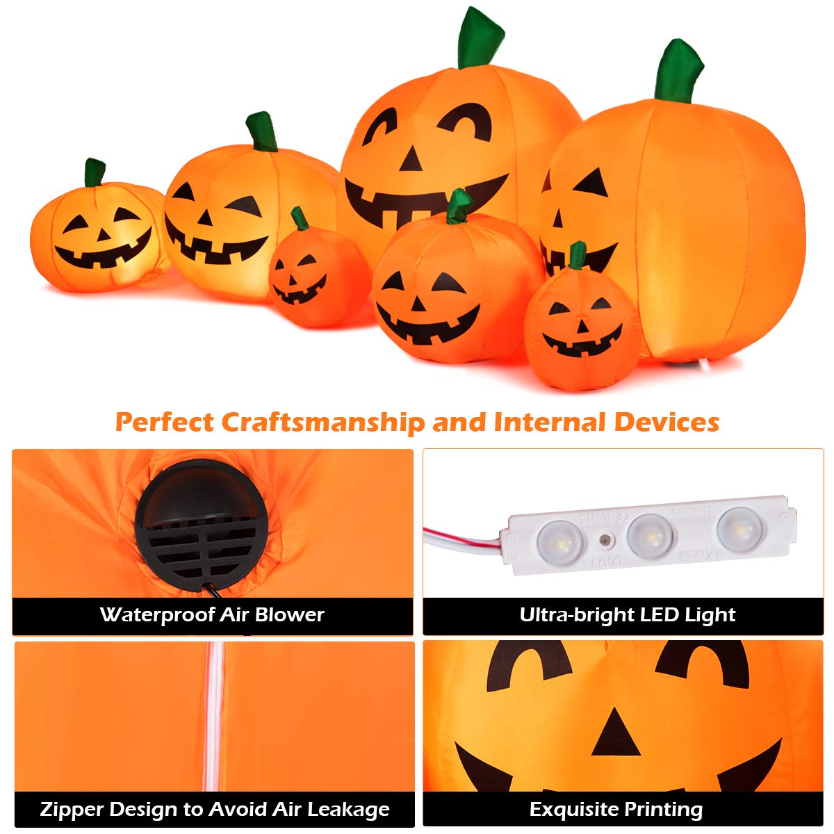 Tangkula 7.5 Ft Halloween Decorations Inflatable Pumpkin Patch, Blow Up 7 Pumpkins Family with Build-in LED, Inflatable Jack-o-Lantern for Indoor Outdoor Front Yard Halloween Party