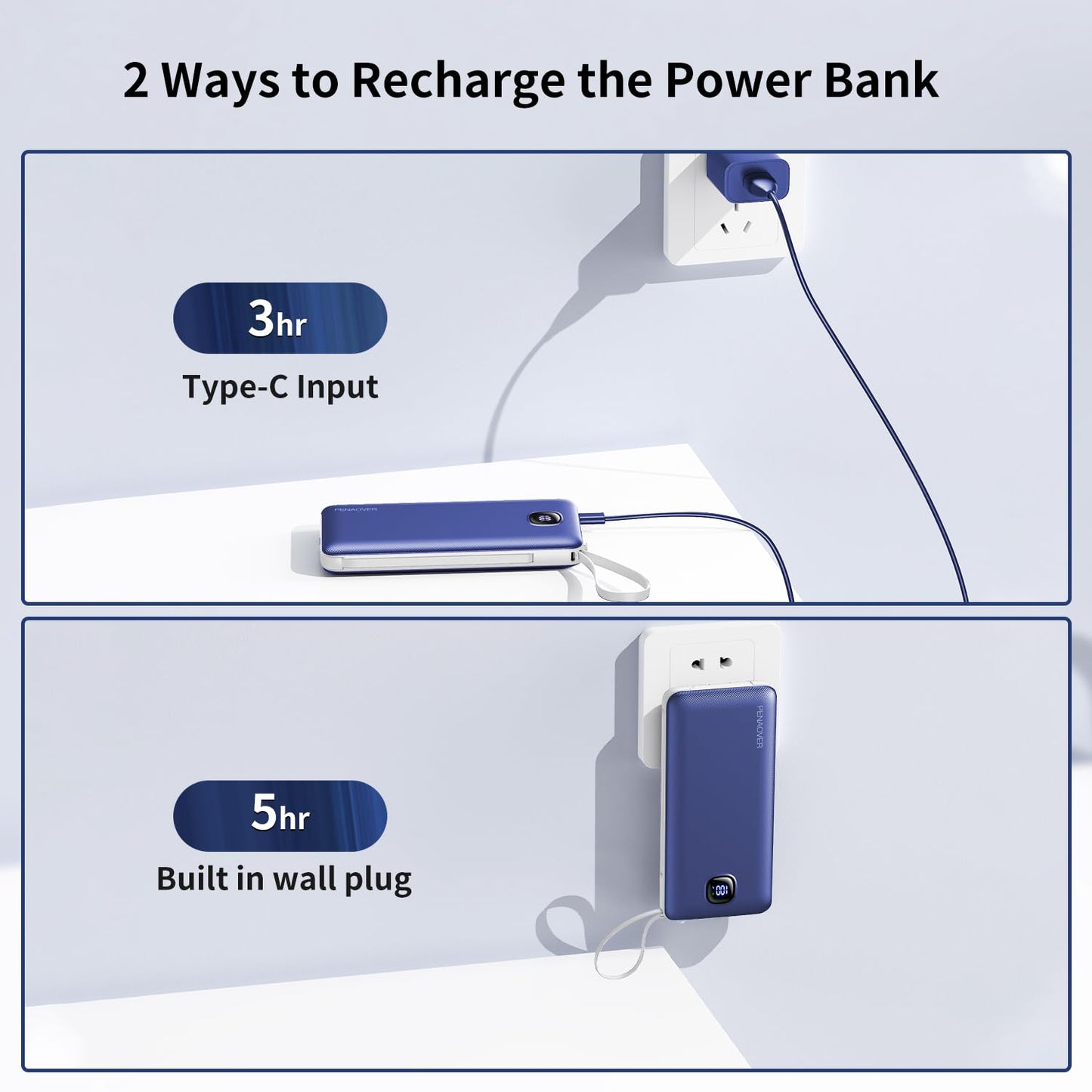 Portable Charger with Built-in Cables&AC Wall Plug,Slim 10000mAh 22.5W Fast Charging Power Bank,5 Output 2 Input USB-C External Battery Pack Compatible with iPhones,Samsung,Android, etc