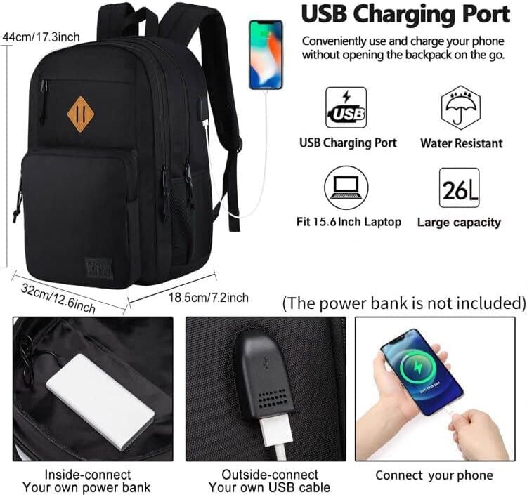 KEOFID Classic Travel backpack for Men and Women, Anti theft Laptop backpack with USB Charging Port for College, Business(Black)