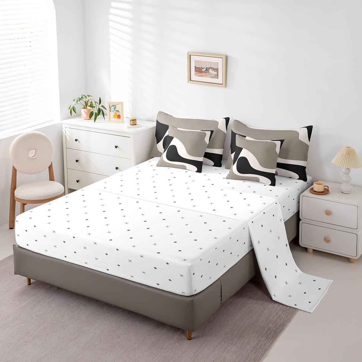 Erosebridal 7 Pcs Black Beige Striped Bed in A Bag King,Boho Modern Geometric Abstract Comforter Set for Women Men Adults, Stripes Bold Lines Bedding Set,Minimalist Stylish Art Bed Sheets