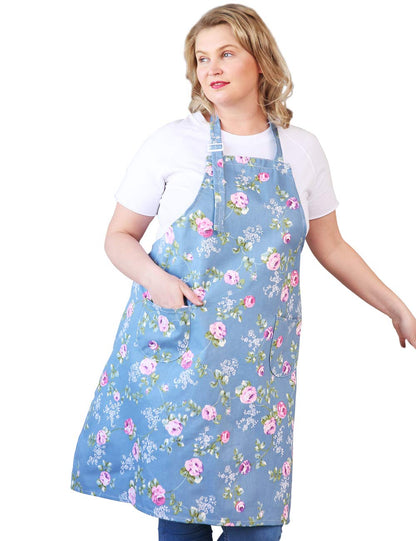 Cotton Linen Baking Plus Size Aprons for Women with Pockets Kitchen Cooking 2X-3X Blue Flowers