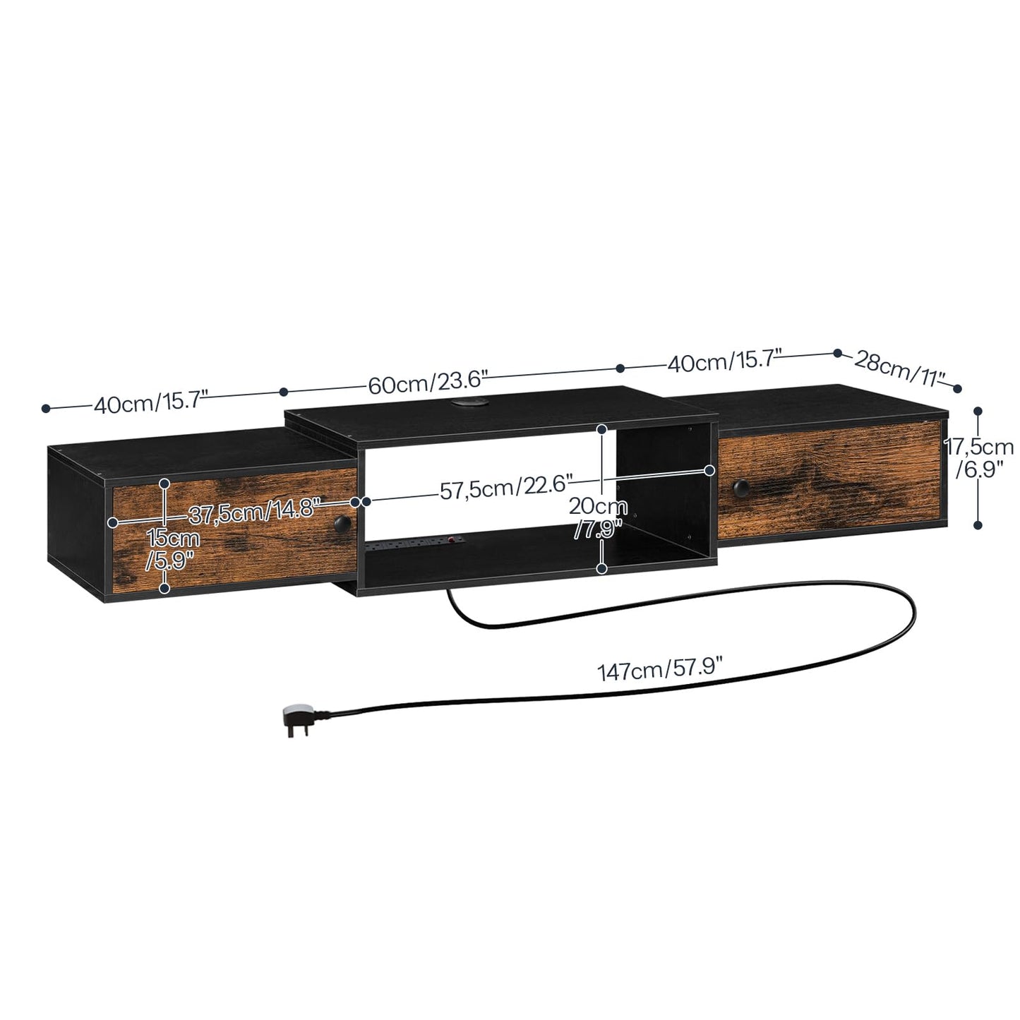 HOOBRO 55" Floating TV Stand with Power Outlet, Modern Wall Mounted Media Console Shelf Cabinet for Under TV Storage, Entertainment Center, Living Room, Bedroom, Rustic Brown and Black BF11DS01