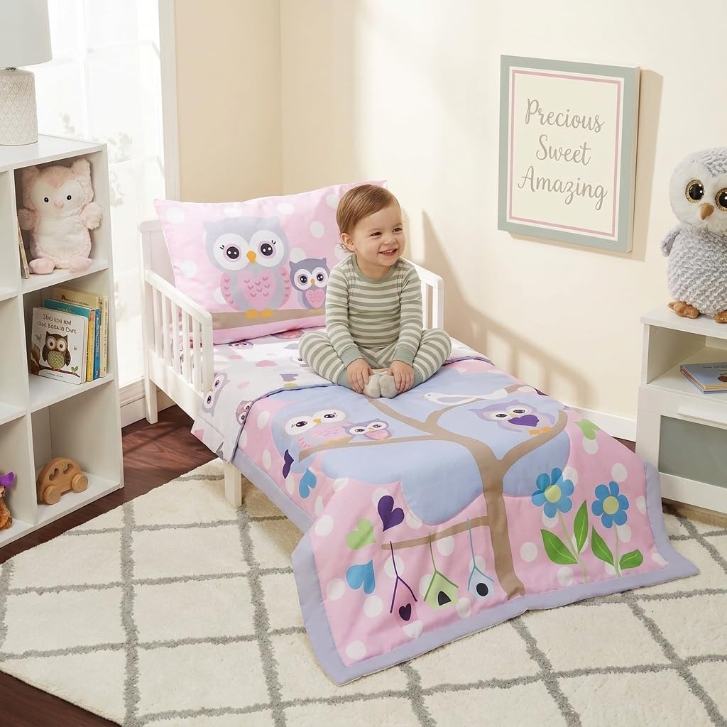 EVERYDAY KIDS 4 Piece Toddler Bedding Set - Owls - Soft 100% Cotton Percale - Includes Comforter, Flat Sheet, Fitted Sheet and Reversible Pillowcase