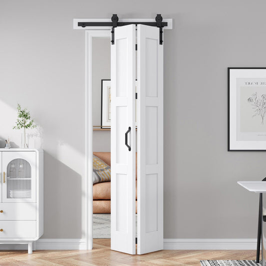 FREDBECK 30X84(Double 15x84) White Bifold Barn Door Sliding Bi fold Doors Bi-fold Folding with 34" Hardware Kit & Handle,Solid MDF Door with Water-Proof PVC Surface for Closet,Assembly Required
