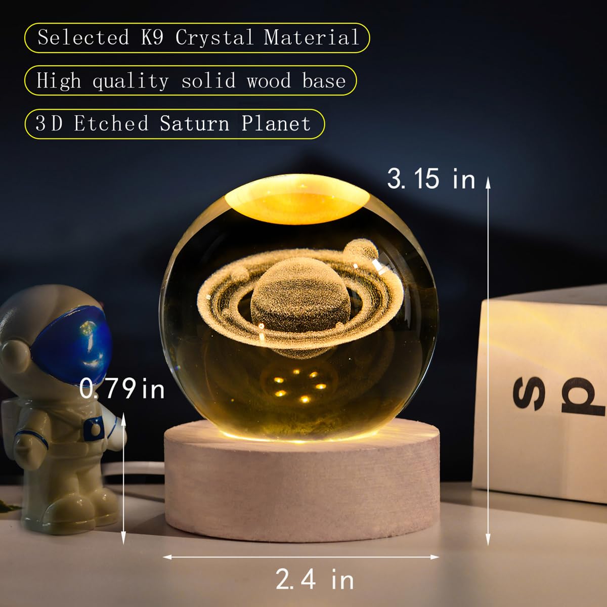 AOFEGRLT 3D Saturn Crystal Ball with LED Stand, 60mm Glass Sphere Decorative Balls, Space Planet Galaxy Lamp Night Light Gifts for Women Kids
